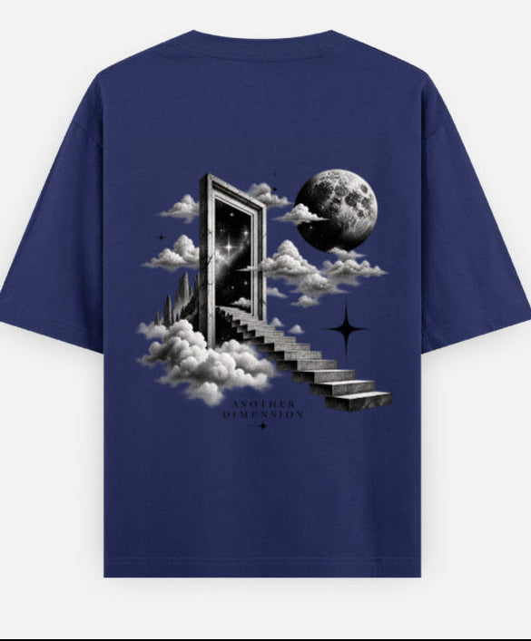 Zingleberry Another Dimension navy blue oversized T-shirt back with moon doorway staircase and clouds artwork