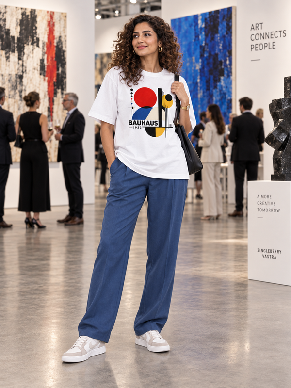 Woman wearing Zingleberry Bauhaus 1923 white oversized T-shirt with blue wide-leg trousers at a contemporary art gallery.