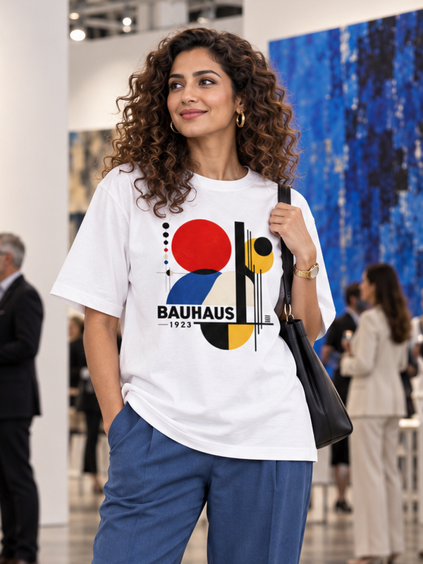 Woman wearing Zingleberry Bauhaus 1923 white oversized T-shirt with blue wide-leg trousers at a contemporary art gallery.