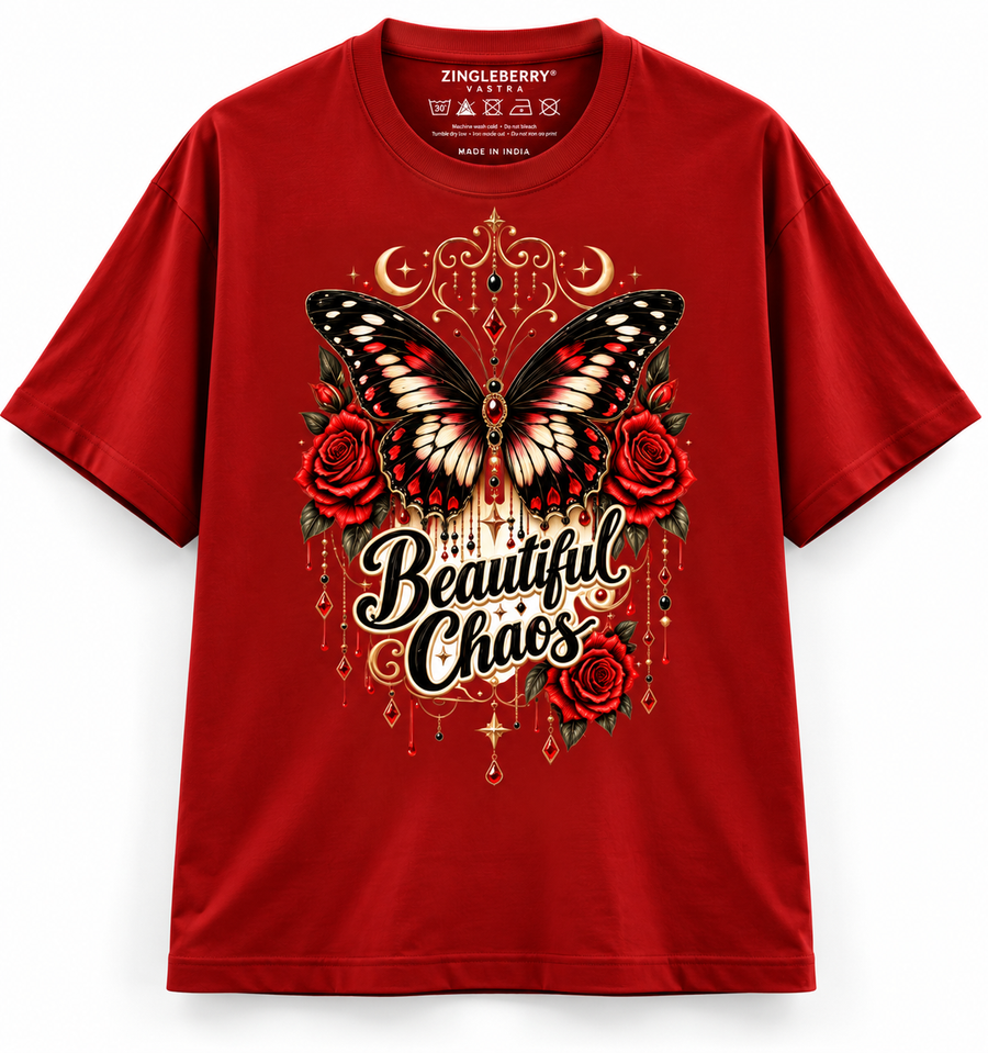 Zingleberry Beautiful Chaos red unisex oversized Gothic T-shirt with butterfly, roses and celestial front graphic.