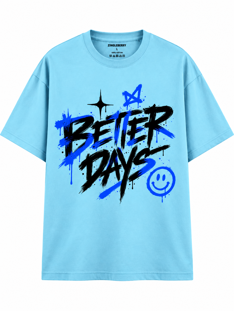 Zingleberry Better Days sky blue unisex oversized T-shirt with black and electric blue graffiti typography and smiley graphic.