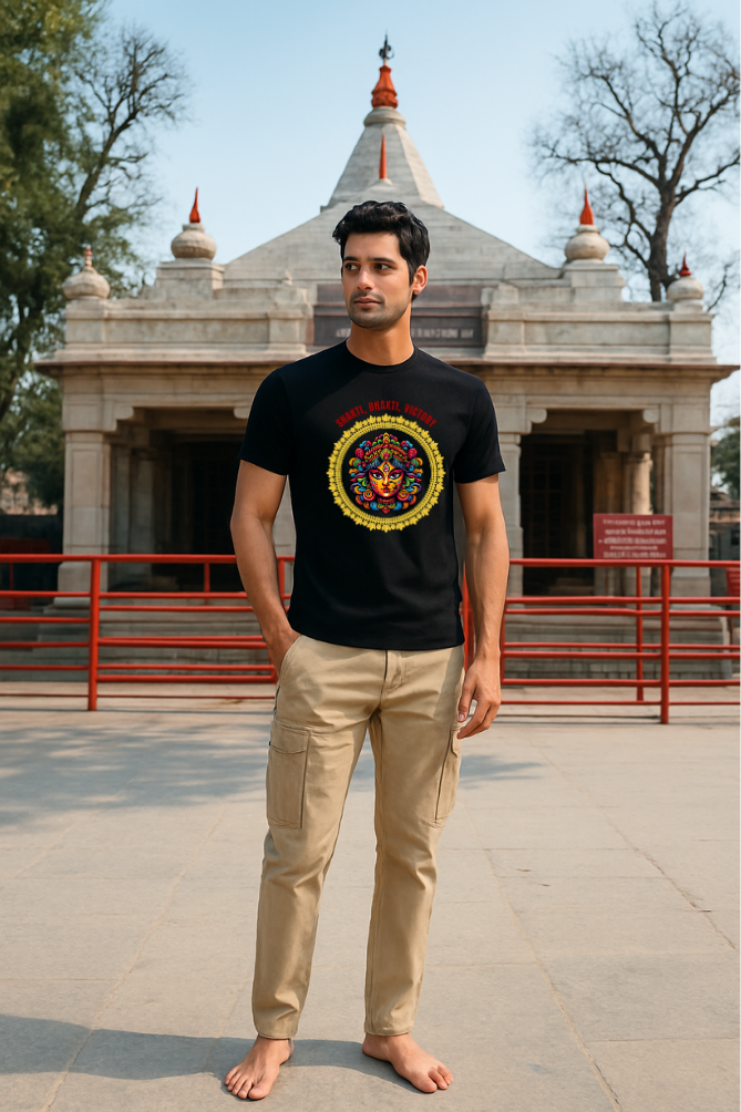 Zingleberry Premium Black Maa Durga Printed Unisex Cotton T-shirt with Shakti Bhakti Victory spiritual artwork for men and women