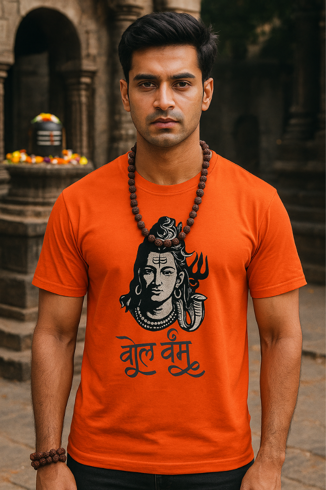 Male model in Zingleberry saffron orange Bol Bam t-shirt with Lord Shiva face artwork and trishul, standing in front of decorated Shiva temple