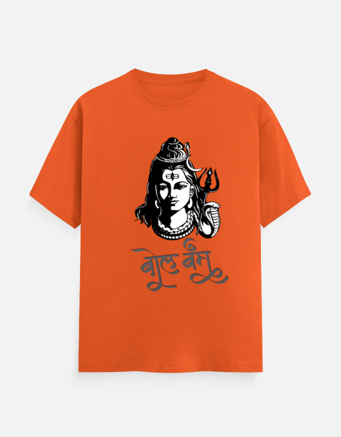 Saffron orange Zingleberry men's t-shirt featuring Lord Shiva artwork and Bol Bam Hindi typography – spiritual wear with trishul and rudraksha theme