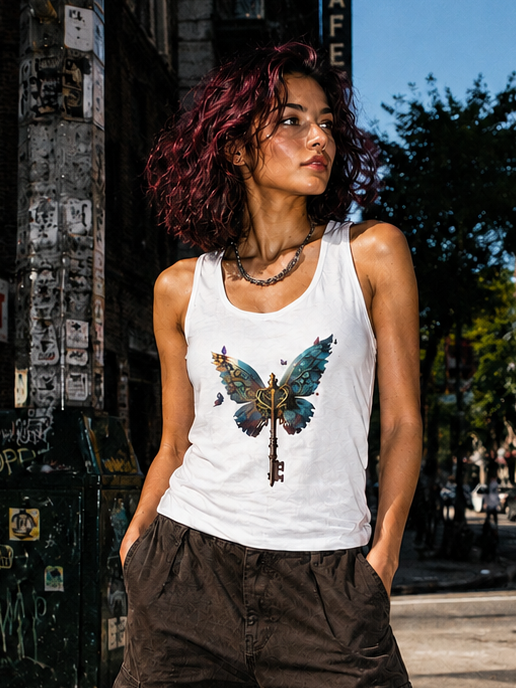 Female model wearing Zingleberry white butterfly key graphic tank top styled with brown wide-leg cargo pants.