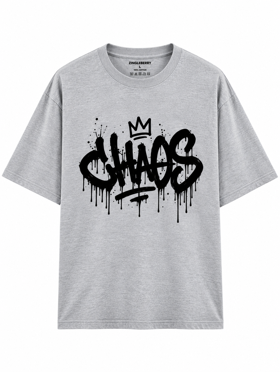 Zingleberry Chaos Crown grey melange unisex oversized T-shirt with black graffiti print and crown artwork.
