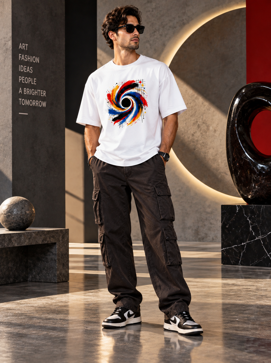 Man wearing Zingleberry Chromatic Vortex white oversized T-shirt with black cargo trousers and sneakers.