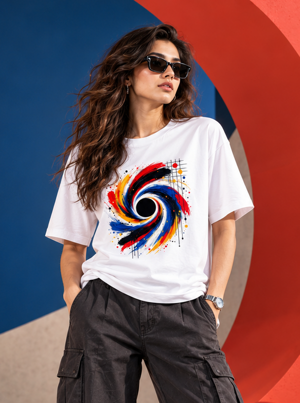 Woman wearing Zingleberry Chromatic Vortex white oversized T-shirt with black wide-leg cargo pants and blue sneakers.