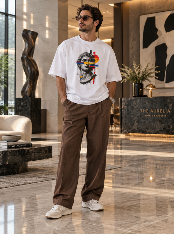 Male model wearing Zingleberry white oversized classical sculpture graphic T-shirt with brown wide-leg trousers.