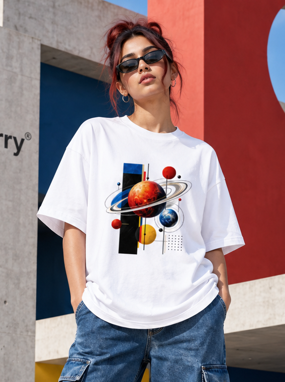 Woman wearing Zingleberry white Cosmic Orbit oversized graphic T-shirt with blue cargo jeans and sneakers.