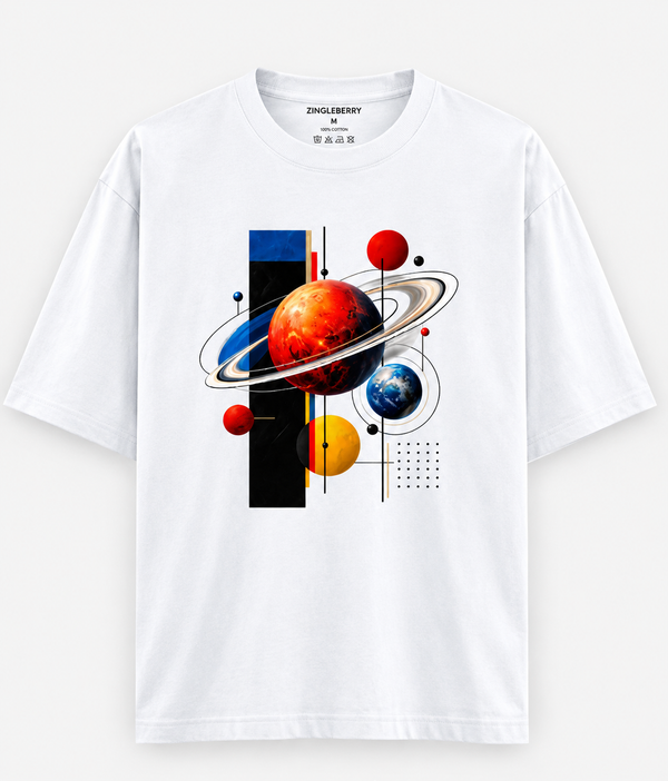Zingleberry white oversized premium cotton T-shirt featuring colourful planets, orbital rings and modern geometric cosmic artwork.