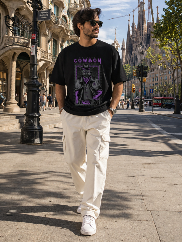 Male model wearing Zingleberry Cowboy Premium Black Cotton Graphic T-Shirt paired with white trousers for a stylish casual streetwear look.