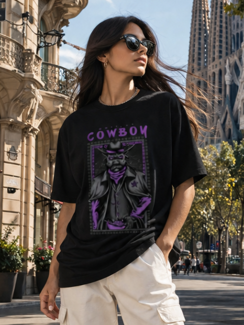 Female model wearing Zingleberry Cowboy Premium Unisex Black Cotton Graphic T-Shirt styled with white cargo pants for modern summer streetwear fashion.