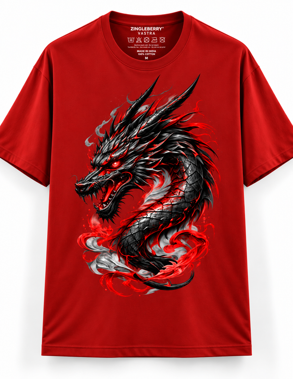 Zingleberry Crimson Dragon red unisex oversized Gothic T-shirt with black silver dragon graphic and crimson red accents.