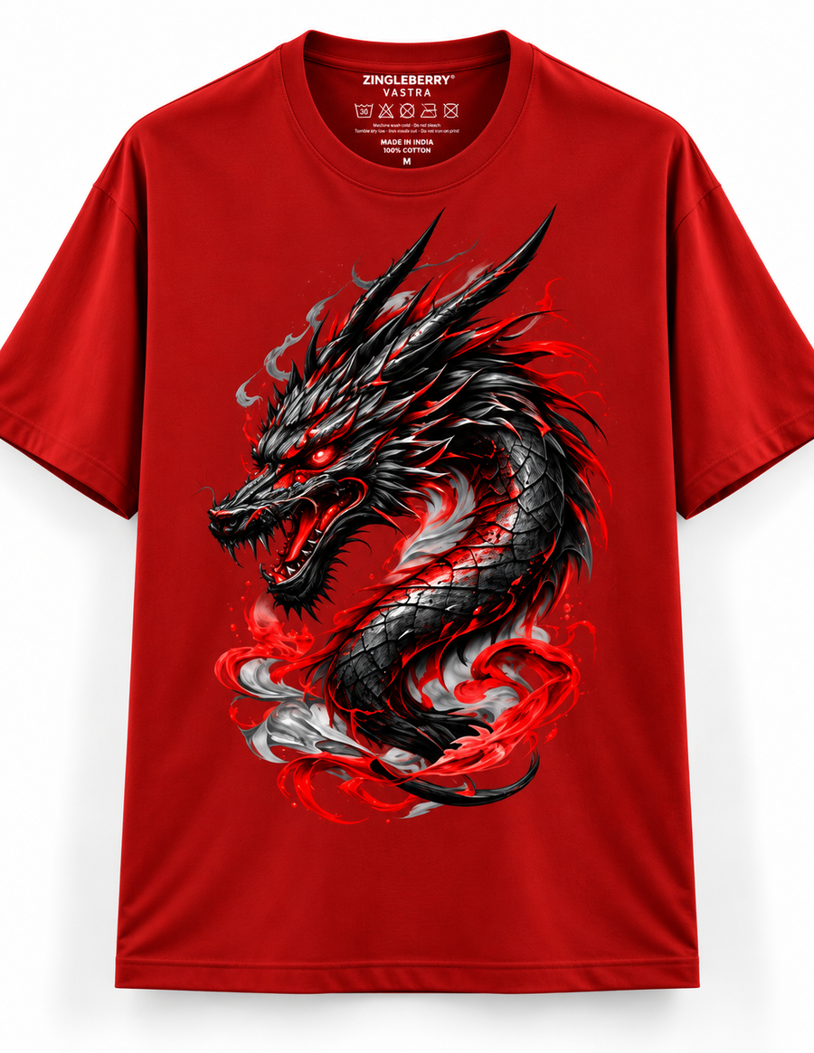 Zingleberry Crimson Dragon red unisex oversized Gothic T-shirt with black silver dragon graphic and crimson red accents.