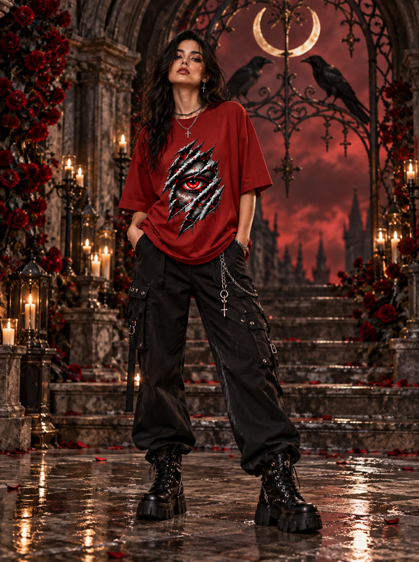 Female model wearing Zingleberry Crimson Gaze red oversized Gothic T-shirt with black cargo pants and platform boots.