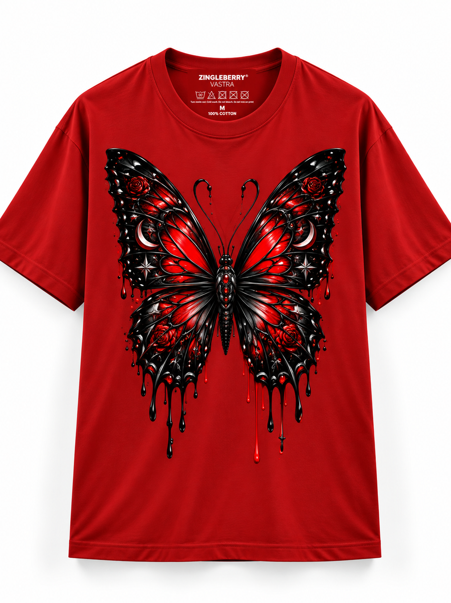 Zingleberry Crimson Nocturne red unisex oversized Gothic butterfly T-shirt with black red wings roses crescent moons and dripping artwork.