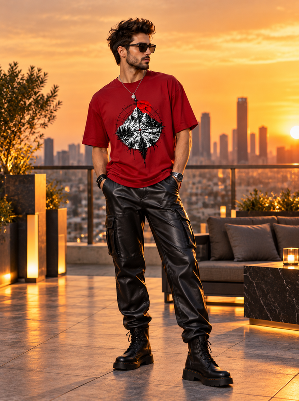 Male model wearing Zingleberry Crimson North red oversized graphic T-shirt with black trousers and combat boots