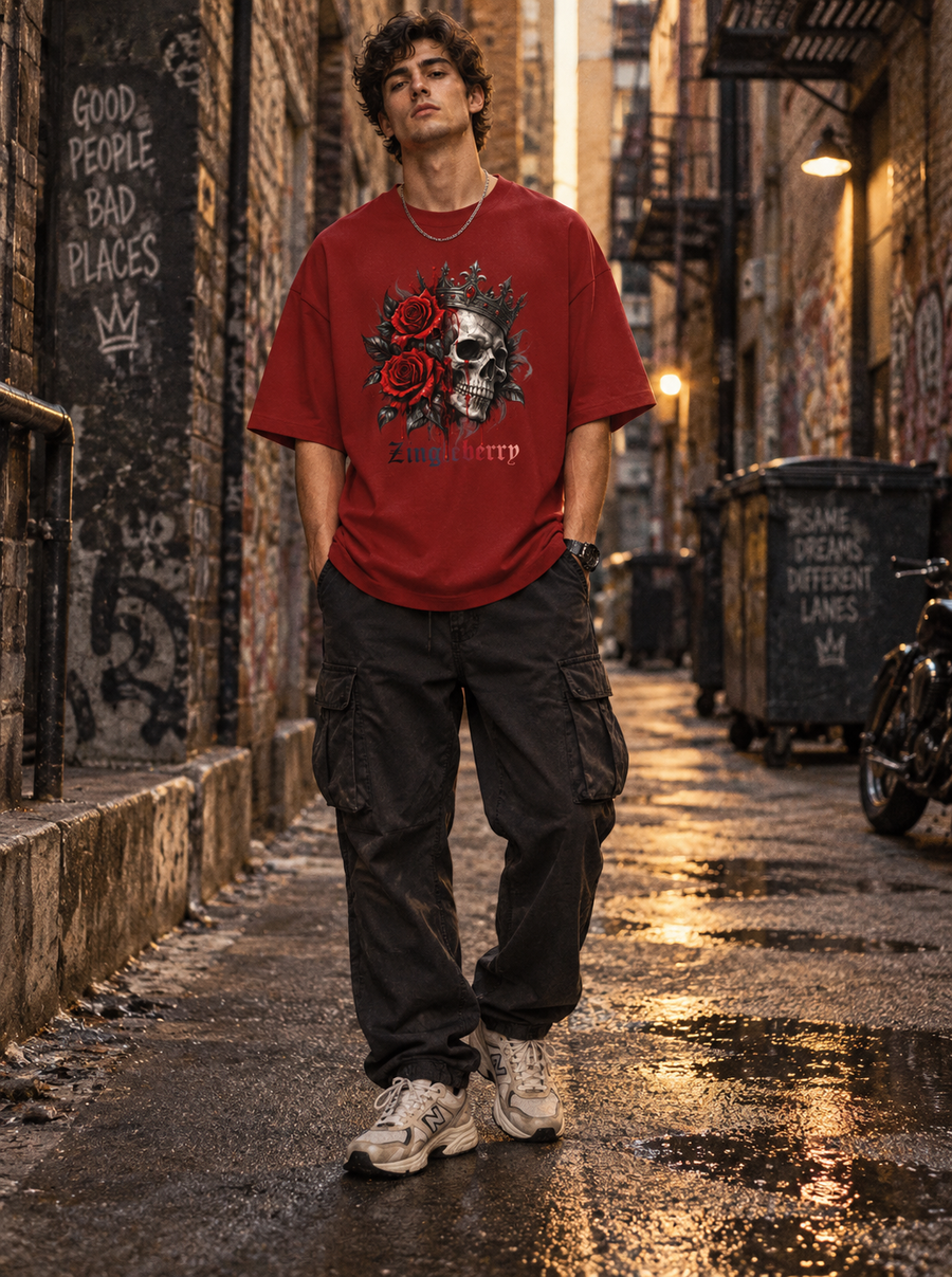 Male model wearing Zingleberry Crown Skull and Roses red oversized 100% cotton graphic T-shirt with black cargo pants.