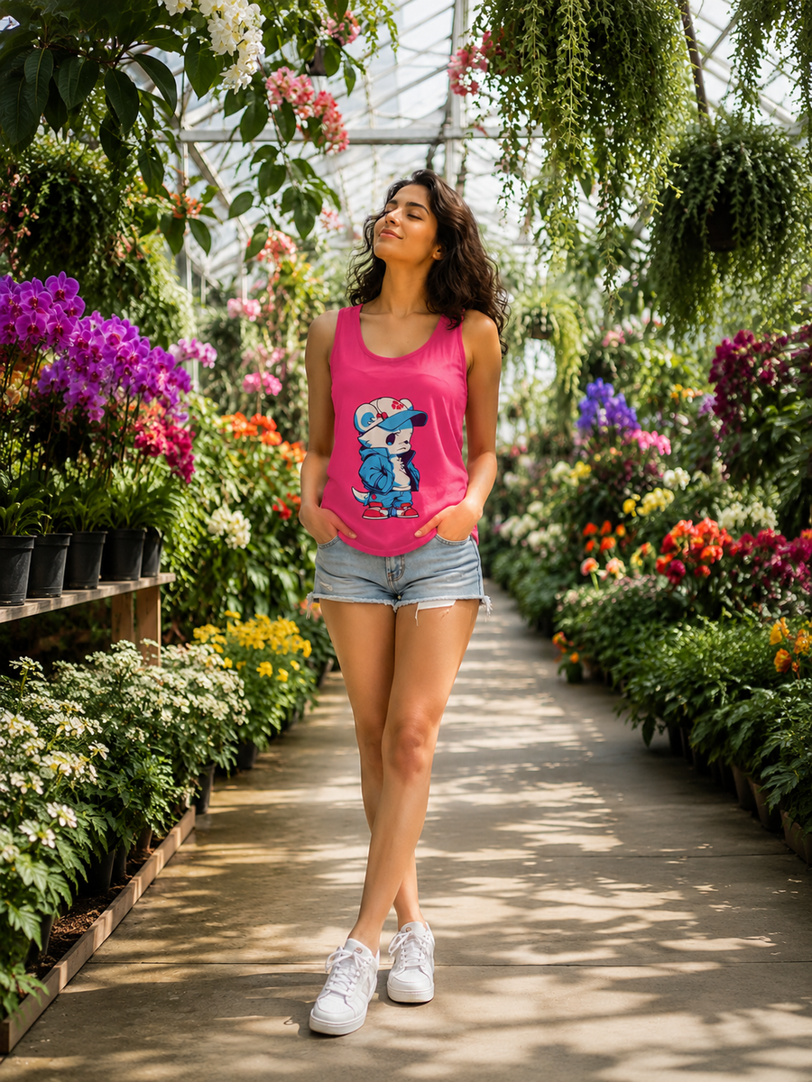 Female model wearing Zingleberry pink cartoon graphic tank top with denim shorts in a colorful flower garden.