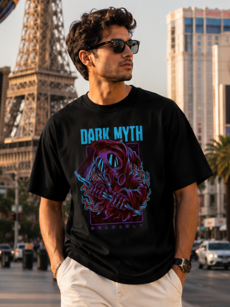 Male model wearing Zingleberry Dark Myth Premium Black Cotton Graphic T-Shirt paired with white trousers for modern streetwear summer fashion.