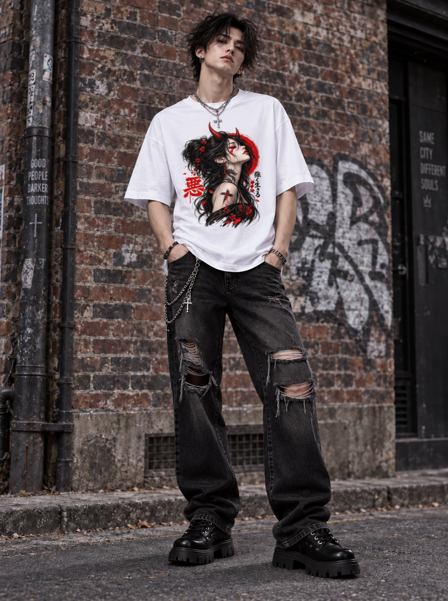 Male model wearing Zingleberry Dark Oni Girl white oversized cotton graphic T-shirt styled with distressed black wide-leg jeans and boots.