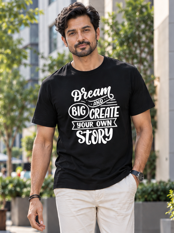 Male model wearing Zingleberry Dream Big Create Your Own Story black pure cotton graphic T-shirt with white trousers.