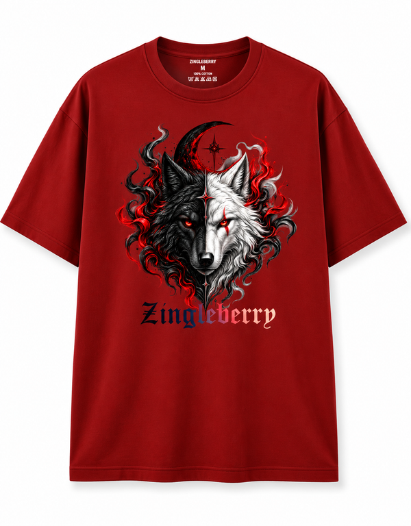 Zingleberry red oversized unisex cotton T-shirt featuring black and white dual wolf crescent moon gothic graphic.