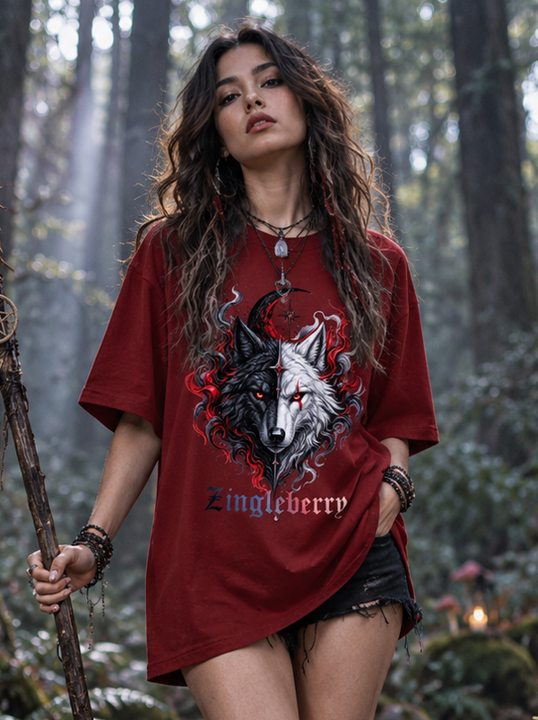 Female model wearing Zingleberry Dual Wolf Moon red oversized cotton T-shirt with black denim shorts and combat boots.