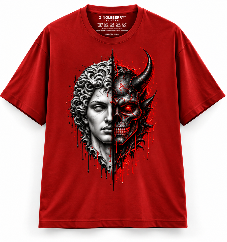 Zingleberry Duality Within red unisex oversized Gothic T-shirt with split classical face and horned skull front graphic.