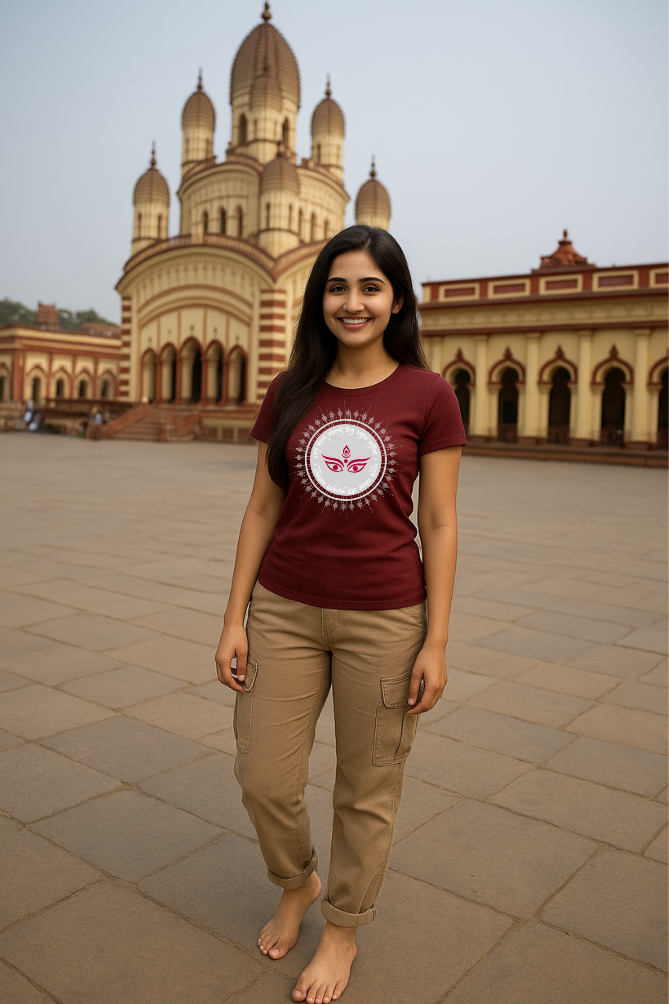 Female model wearing Zingleberry Premium Durga Maa Printed Red Brick Unisex Cotton T-shirt with spiritual round neck design