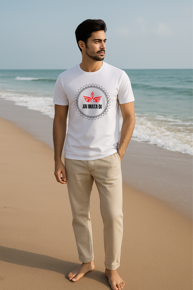 Male model wearing Zingleberry Premium Durga Maa Printed Red Brick Unisex Cotton T-shirt with spiritual round neck devotional design and walking on sea beach