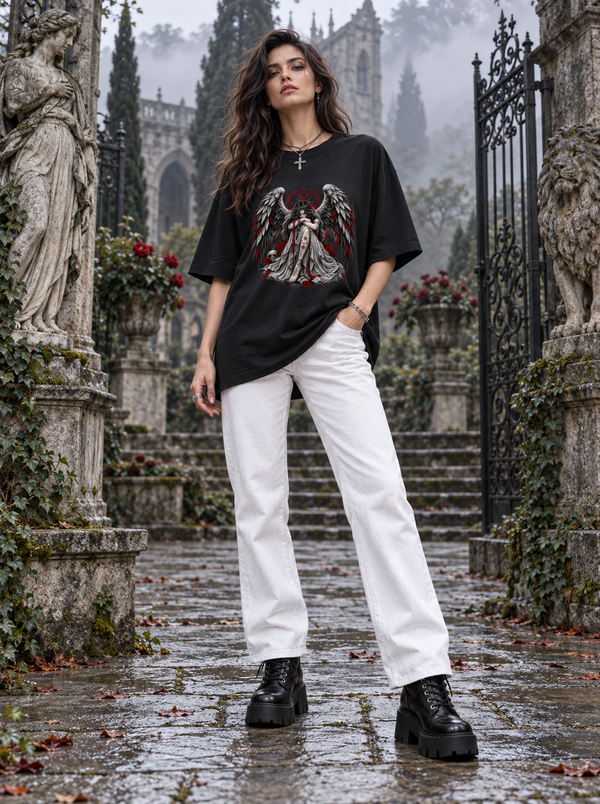 Female model wearing Zingleberry Fallen Angel black oversized graphic T-shirt with white wide-leg jeans and black boots.