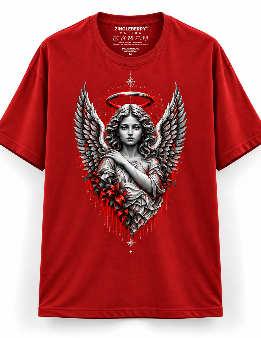 Zingleberry Fallen Angel red unisex oversized Gothic T-shirt with silver angel wings, halo and crimson floral graphic.
