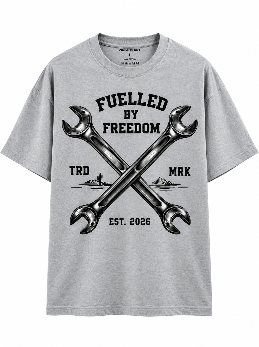 Zingleberry Fuelled by Freedom grey unisex oversized T-shirt with crossed metallic wrench graphic and black typography.