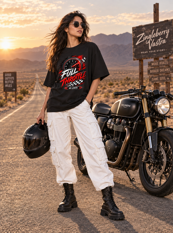 Female model wearing Zingleberry Full Throttle black oversized racing graphic T-shirt with white cargo pants beside a motorcycle on an open desert road.