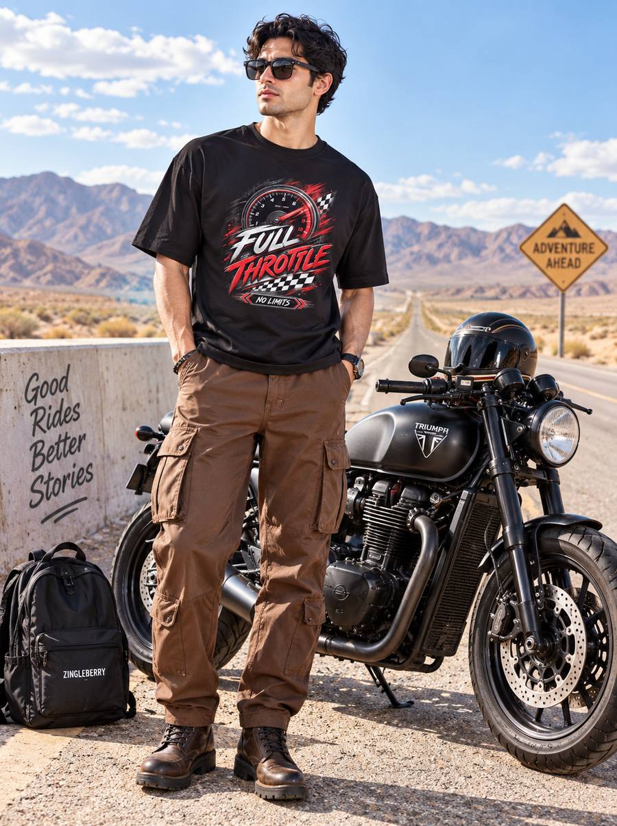 Male model wearing Zingleberry Full Throttle black oversized biker graphic T-shirt with brown cargo pants beside a motorcycle on a desert highway.