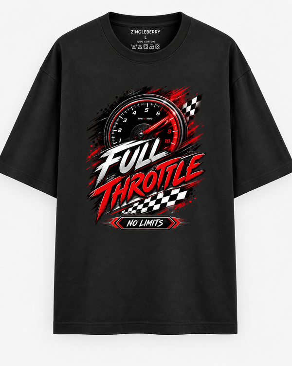 Zingleberry Full Throttle black oversized cotton T-shirt featuring red tachometer, chequered racing flag and bold Full Throttle No Limits graphic.