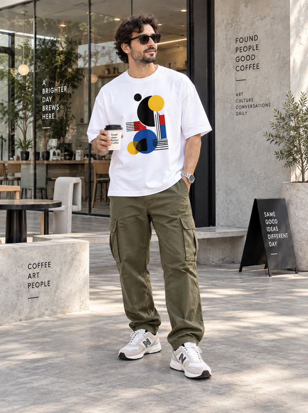 Man wearing Zingleberry Geometric Rhythm white oversized T-shirt with olive cargo pants and white sneakers.