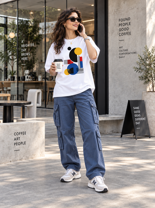 Woman wearing Zingleberry Geometric Rhythm white oversized T-shirt with blue cargo pants and white sneakers.