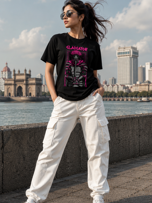 Female model wearing Zingleberry Gladiator Premium Unisex Black Cotton Graphic T-Shirt paired with white cargo pants for stylish summer streetwear.