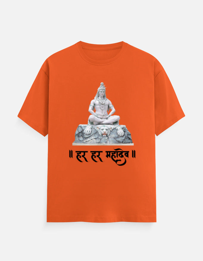 Flat lay of Zingleberry saffron orange t-shirt featuring meditating Shiva statue and Har Har Mahadev Hindi text – spiritual cotton round neck tee