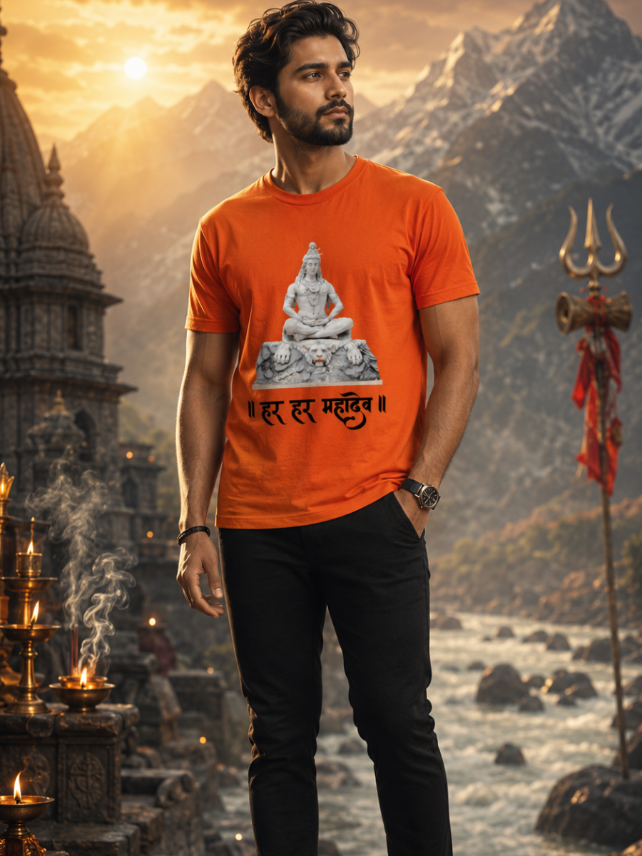 A male model wearing saffron orange Zingleberry t-shirt with Lord Shiva statue and Har Har Mahadev text