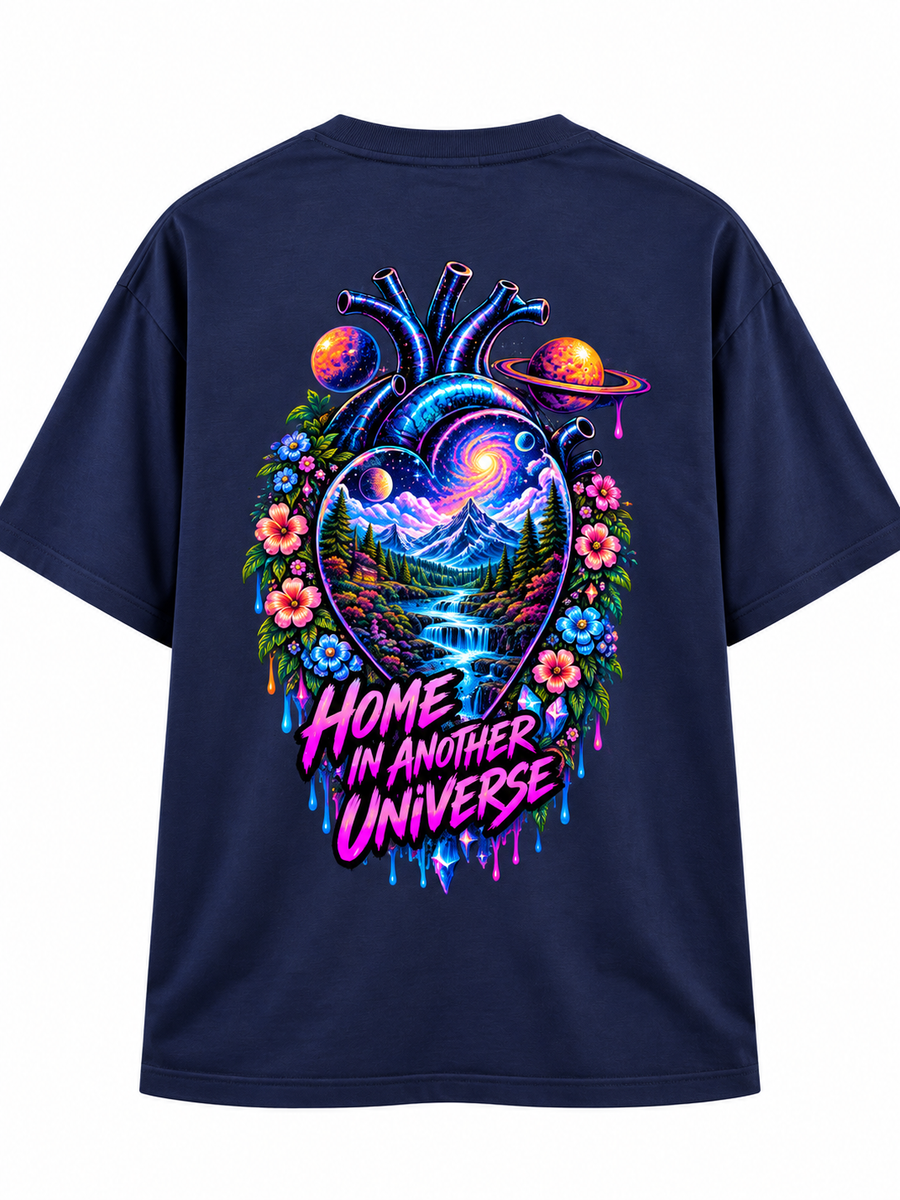 Zingleberry Home in Another Universe navy blue oversized T-shirt back featuring vibrant anatomical heart, cosmic galaxy, mountain landscape, waterfalls and floral artwork