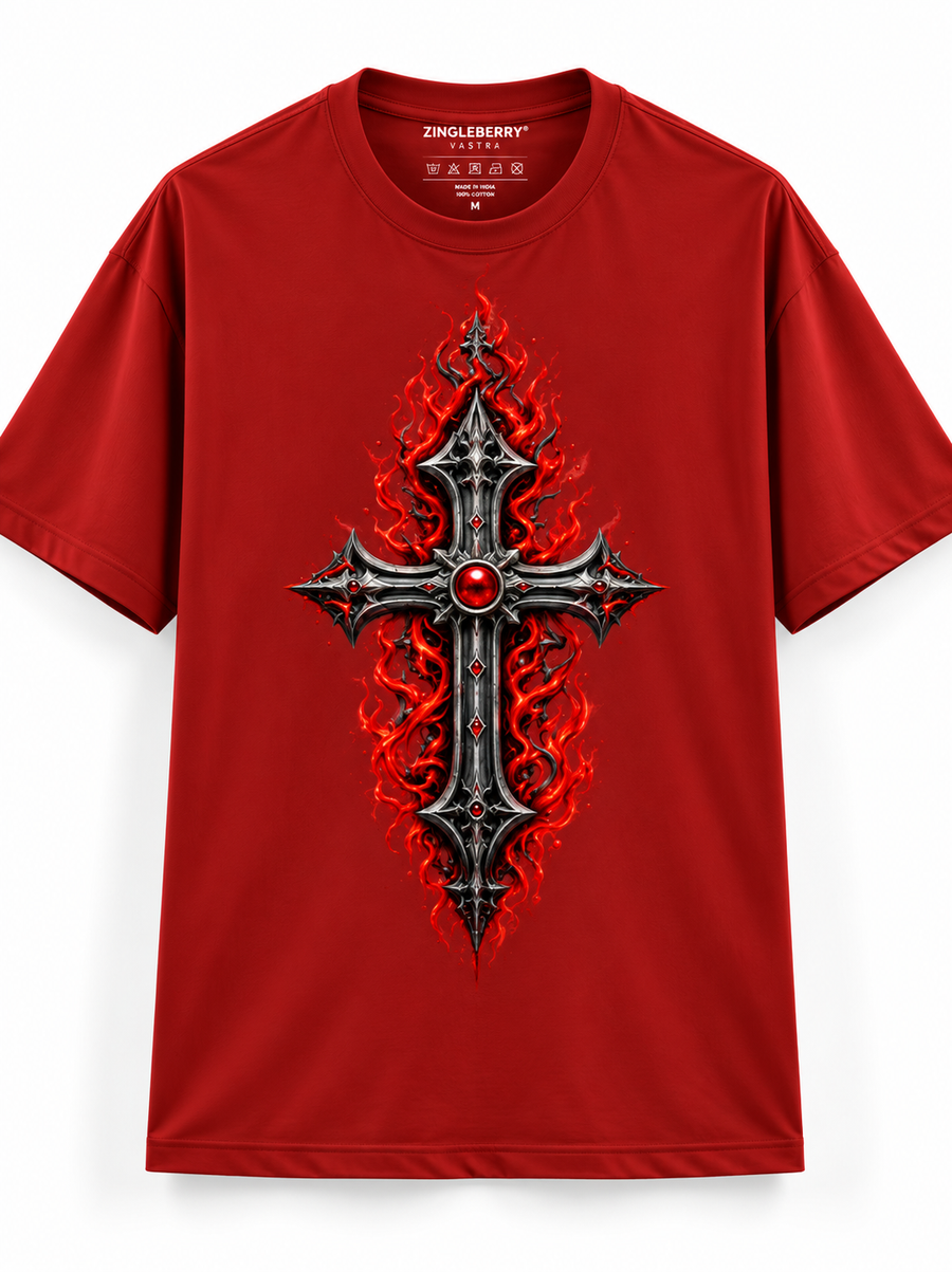 Zingleberry Inferno Cross crimson red unisex oversized Gothic T-shirt with metallic cross, red gemstone and flame graphic.