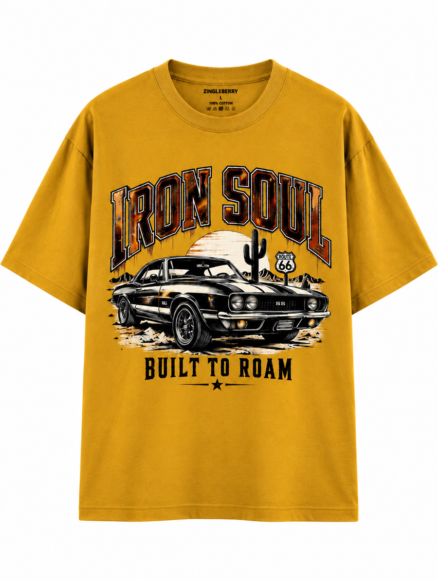 Zingleberry Iron Soul mustard yellow unisex oversized T-shirt with vintage muscle car Built to Roam graphic.