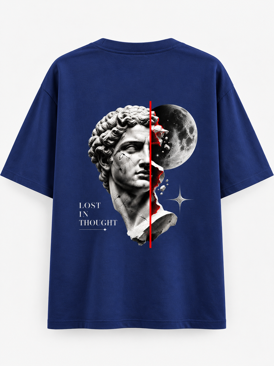 Zingleberry Lost in Thought navy blue unisex oversized T-shirt with classical sculpture and moon graphic back print.