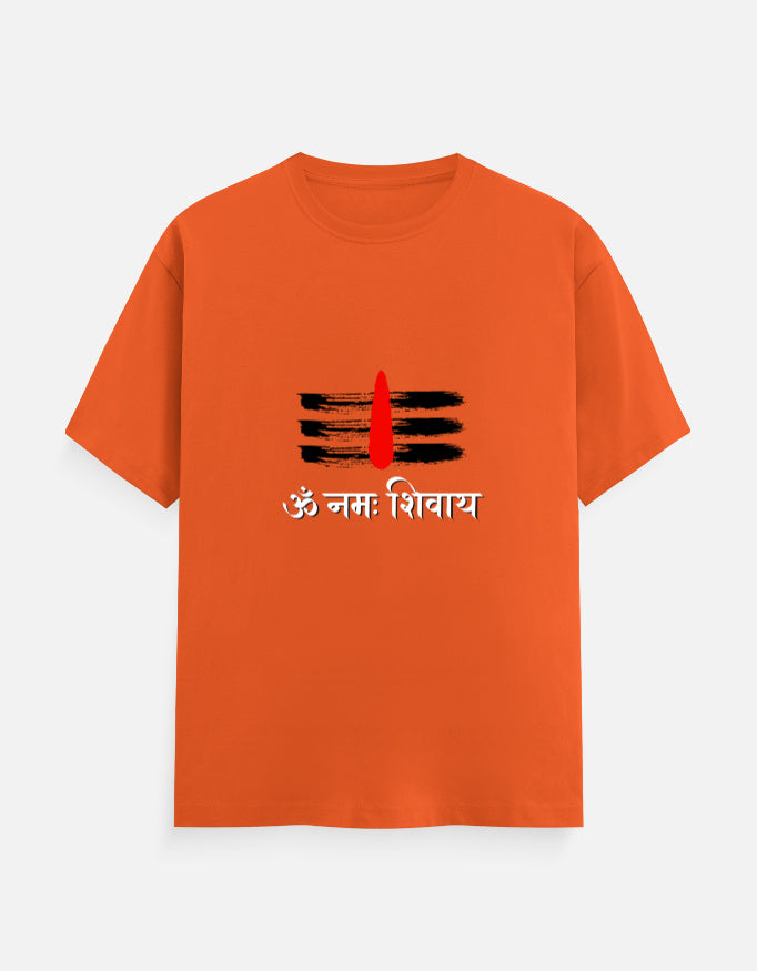 Zingleberry men's saffron orange T-shirt featuring Om Namah Shivaya print with Shiva Trishul design, classic crew round neck, spiritual Hindu theme