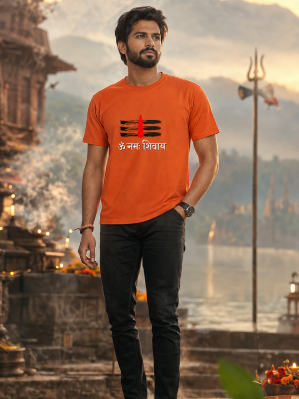 Male model wearing Zingleberry saffron round neck T-shirt featuring Om Namah Shivaya and Trishul design, spiritual cotton tee with temple