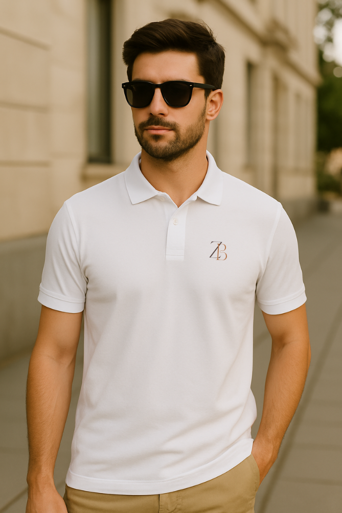 Zingleberry Men's White Polo T-Shirt – Classic fit cotton with logo embroidery, smart casual summer wear.